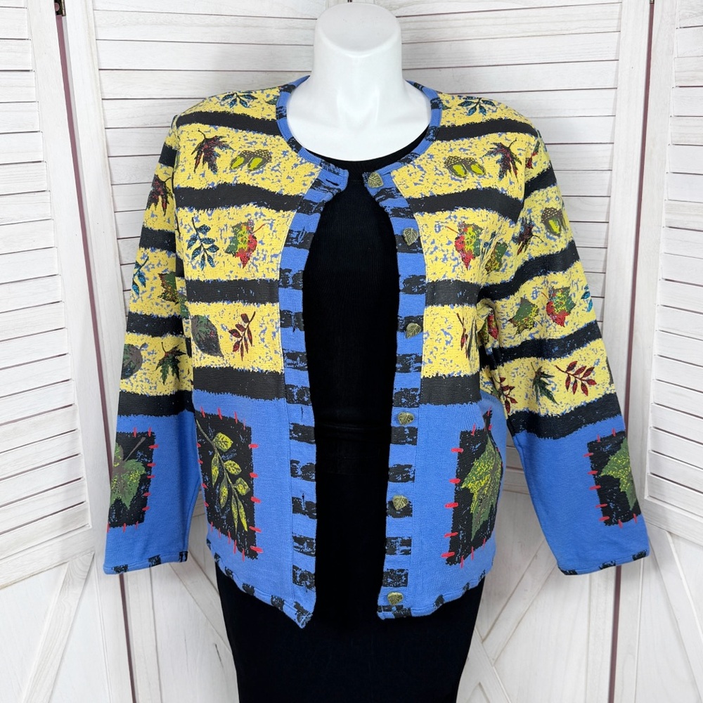 Sport Elle Painted Button Front‎ Cardigan Sweater Blue Yellow Women XL